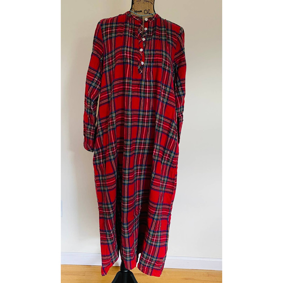 L.L. Bean Scotch Plaid Cotton Flannel Cozy Red Classic Pockets Nightgown Small - Picture 2 of 14